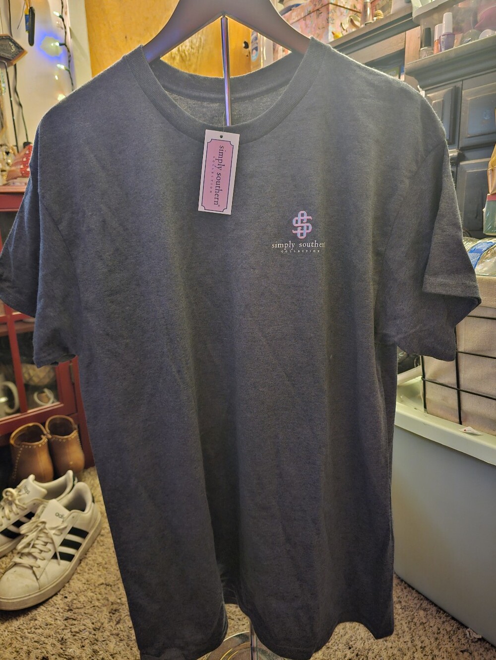 Simply Southern Heathered Blue Shirt with Pink Emblem - Picture 4 of 4